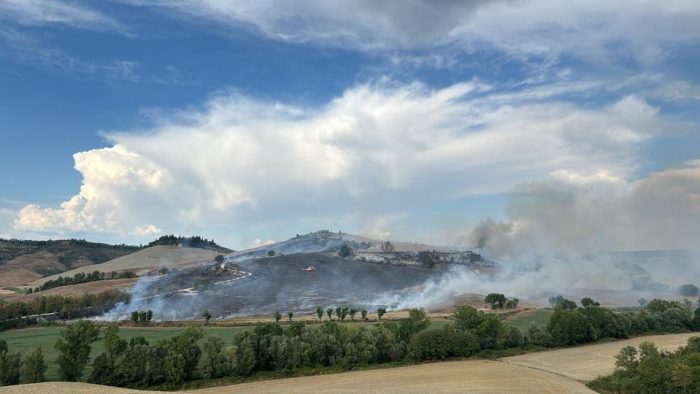 Incendio sulle colline di Asciano, le fiamme minacciano alcuni poderi