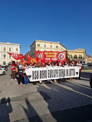 I lavoratori Beko Siena in piazza a Livorno per lo sciopero sul rinnovo del contratto metalmeccanici